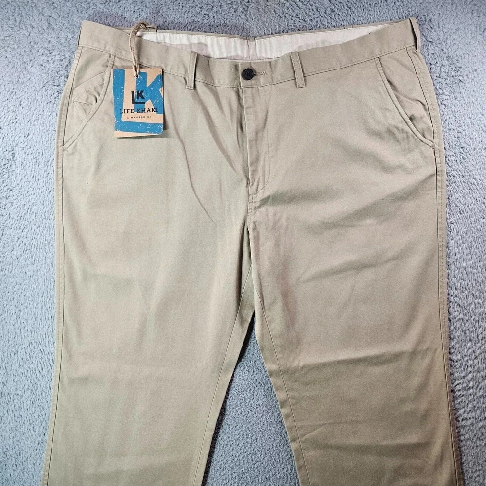 NWT A Haggar‎ Co Life Khaki LK Pants Men 44 x 30 Flat Front Straight Beige